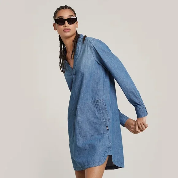 G-Star RAW Millery Denim Shirt Dress L NWT V-Neck Long Sleeve - Picture 3 of 13